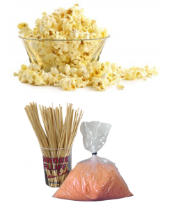 Popcorn pakket 100 porties + Suikerspin pakket oranje suikerspinsuiker 100 stuks (incl. zakjes en stokjes)