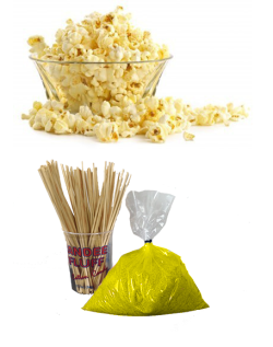 Popcorn pakket 100 porties + Suikerspin pakket gele suikerspinsuiker 100 stuks (incl. zakjes en stokjes)